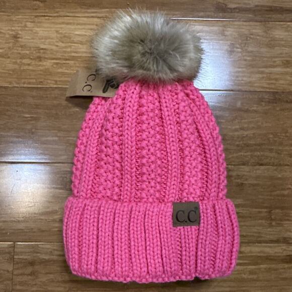 CC Winter Sherpa Fleece Lined Chunky Knit Stretch Pom Pom Beanie Hat Cap Pink OS - Picture 1 of 9